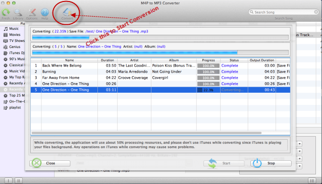 Start convert iTunes video to MP3